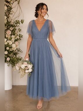 Revelry Dusty Blue Tulle Dress | Flutter Sleeve Formal Gown | Size 4